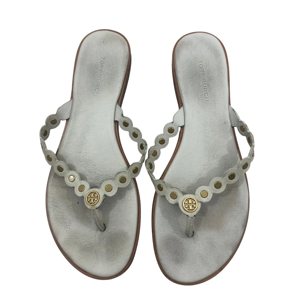 Tory Burch Womens Gold Logo Metallic Leather Scalloped Studded Flip Flop Sandals